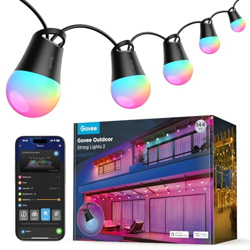 Govee Smart Outdoor String Lights 2, 144ft Outdoor Lights with Dimmable Warm White LED Bulbs, 47 Scene Modes for Patio, Backyard, Balcony, IP65 Waterproof, Works with Alexa, App Control