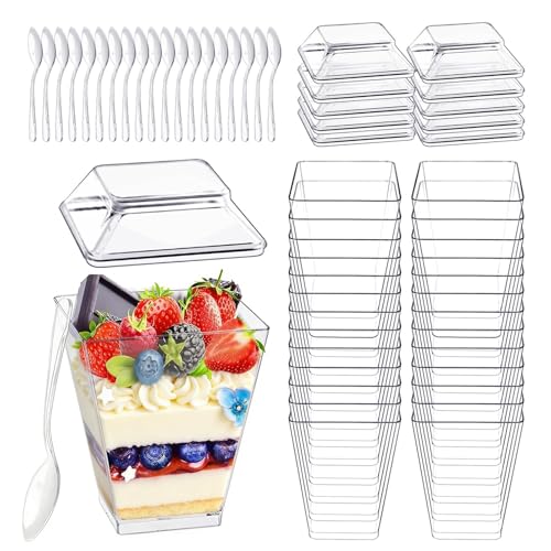 Holtrae 40 Pezzi 160 ml/5oz tazze bicchieri da dessert,Con Cucchiai - Bicchierini in Plastica Riutilizzabili,Contenitori Quadrati Trasparenti Perfetti,Per budini,Mousse,Macedonia,Compleanni, Matrimoni