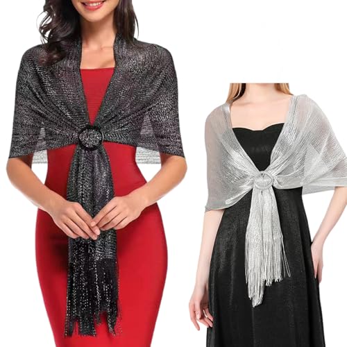 LBJFYHJN 2 pezzi Stola per abito da sera, con glitter da donna, stole con fibbia, sciarpa per feste, abito da sera, festa, matrimonio, primavera, argento, nero, 170*45