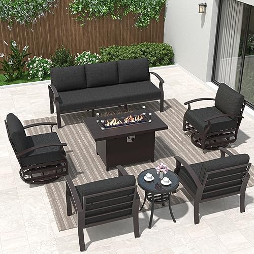 ALAULM Aluminum Outdoor Patio Furniture Set with Fire Pit Table Metal Patio Furniture w/Fire Pit Outdoor Sectional w/5.1" Cushions and 7 Seats for Patio, Backyard, Poolside-Midnight Black