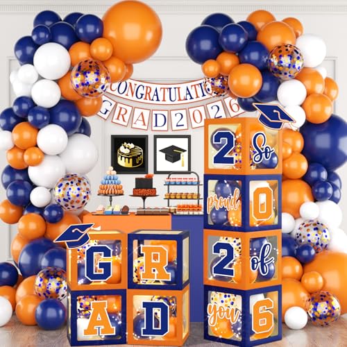 Graduation Decorations 2026 - Set of 4 Grad Boxes with Orange and Blue Balloon Arch Garland Kit So Proud of You 2026 GRAD Decorations for College High School Prom Celebrations