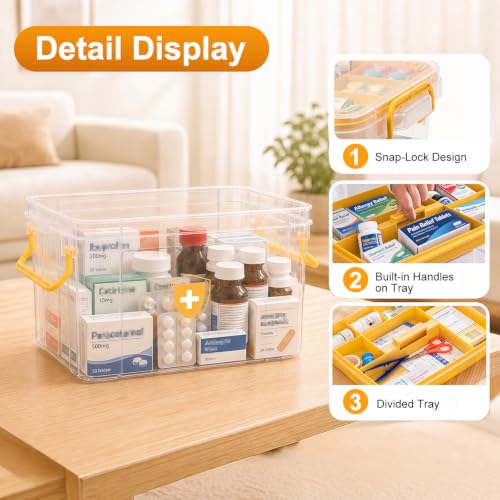 Image of 15QT Clear Medicine Organizer Box with Handle, Plastic Medicine Container with Tray First Aid Box Empty, Thickened Medicine Storage Organizer Multipurpose Medication Organizer Storage, Yellow