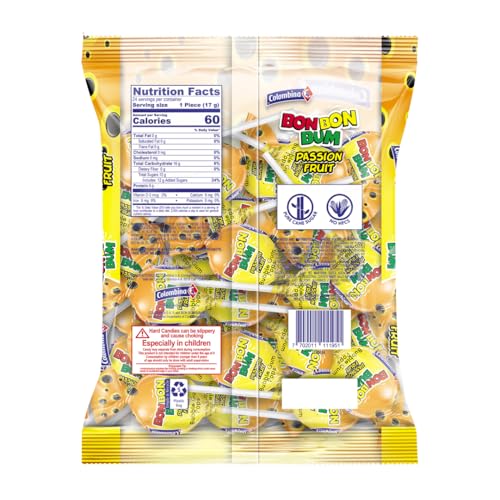 Colombina Bon Bon Bum Passion Fruit Lollipops, Tropical Fruit Hard Candy, Individually Wrapped Candy Pops for Parties, Candy Bowl Refill, Office or Classroom Rewards, 24 Count