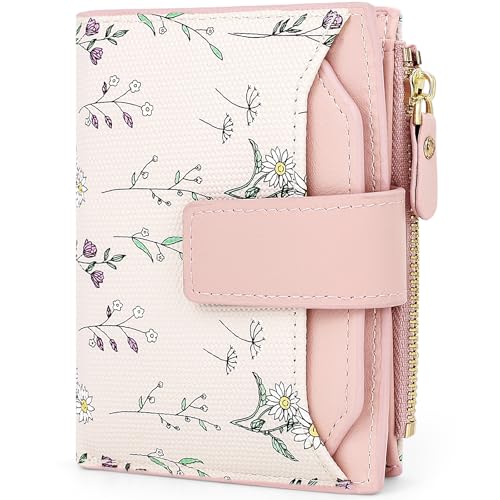 Small Wallet Womens Pink Flower Cute Wallet for Women Slim Change Purse for Ladies Bifold Wallet Womens With Zipper Coin Pocket Purses Card Holder for Women