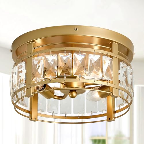Image of Modern Crystal Ceiling Light Fixture 3 Lights Mini Flush Mount Chandelier Gold Cage Round Ceiling Light for Foyer Hallway Dining Room Living Room Bedroom