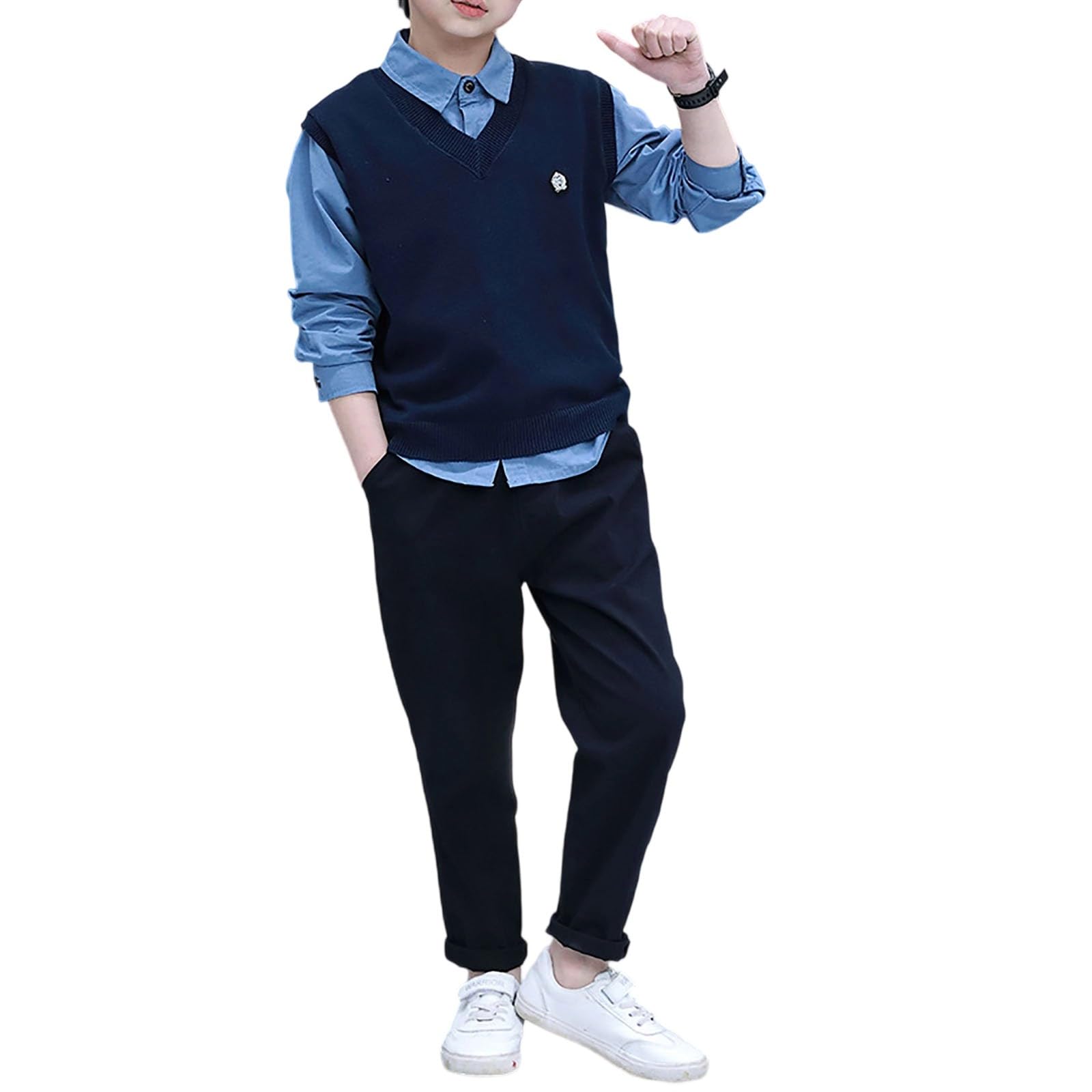 Generico Completo Elegante Bambino Camicia Maniche Lunghe Gilet Stile College Tre Pezzi Primavera Autunno 3-15 Anni per Scuola Festa