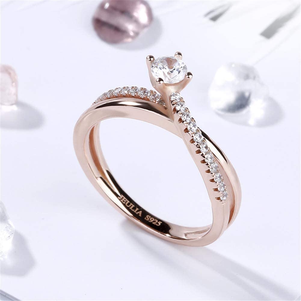 Jeulia Anillos de promesa de plata de ley solitario chapado en oro rosa 18k anillos de corte redondo para cumpleaños, boda, compromiso