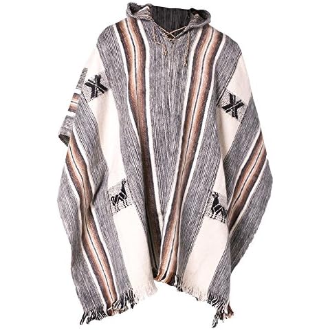 Gamboa - Hooded Alpaca Poncho - Handmade Rustic Poncho - White and Grey with Brown Stripes(Size: One Size) Cover