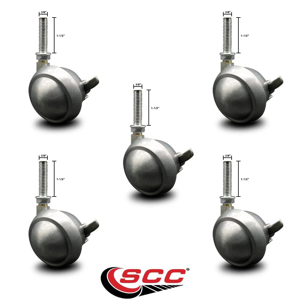 2-1/2 Inch Swivel Metal Ball Caster Wheels for Furniture - Bright Chrome Finish Stem Casters with 3/8 Inch - 16 TPI x 1-1/2 Inch Threaded Stem and Brake - Set of 5 - Service Caster Brand