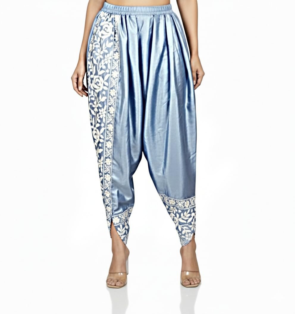 Women's Dhoti Style Pants with Floral Print Border, Elastic Waist, Available in White, Black, Silver, Green, Blue, Brown, and Lavender, Cotton (in, Alpha, L, Regular, Powder Blue)-picture-40