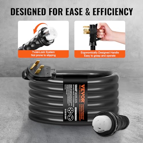 VEVOR 50 Amp Generator Cord and Power Inlet Box Kit, 20FT Generator Extension Cord NEMA 14-50P/SS2-50R STW 6/3+8/1 AWG with Twist Lock Connector, Pre-Drilled Inlet Box, ETL Listed by VEVOR - Image 6