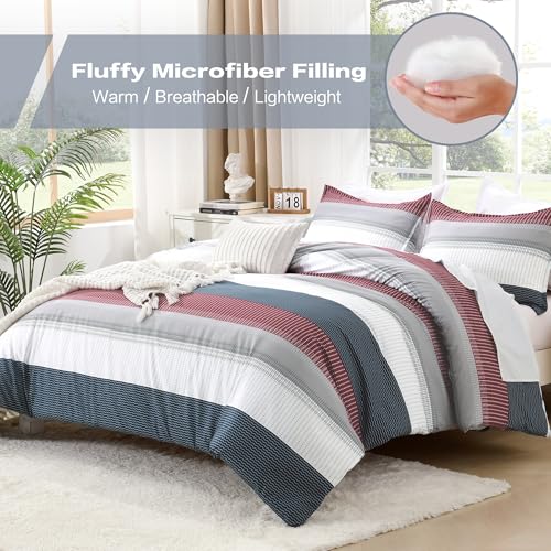 Litanika Comforter Set California King Size Red Blue - 3 Pieces Lightweight Colorblock Stripe Fluffy Bedding Comforter Sets, All Season Bed Set