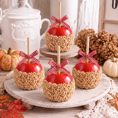 Pinkunn 4 Pack Halloween Faux Caramel Apple Decor Realistic Fall Caramel Apple Halloween Home Decor Artificial Candy Fruits Decorations for Holiday Party Tiered Tray Table Centerpiece Decorations