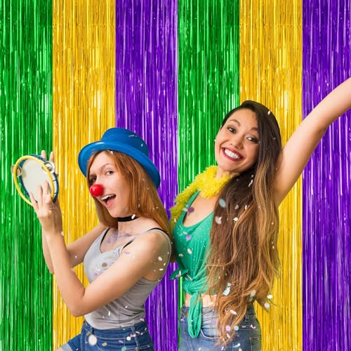 Image of ZATAYE 2 Pack Purple Gold Green Foil Curtain Streamer Decorations | Purple Gold Green, Metallic Foil, 3.28 x 7.05 FT, Tinsel Backdrop, Foil Curtain Streamer, Party Decorations