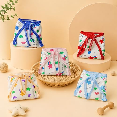 Image of LITTLE BOO Baby Cotton Cloth Nappies for Newborn,Reusable /Washable Diapers,Langot /U Shaped Double Layer Padded Extra Soft Nappy for Boy and Girl Unisex Babies (Pack of 5),(0-6 Months),Multicolor