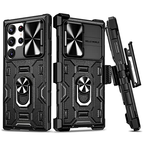 VEGO for Galaxy S23 Ultra Case with Belt Clip Holster and Stand Black