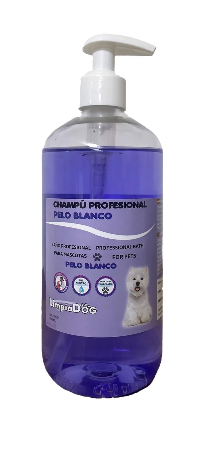 LIMPIADOG Champu para perros pelo blanco, ilumina el pelaje de tu mascota aroma Fresco y Natural 500ml
