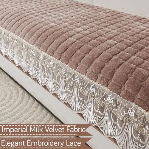 Image of HOKIPO 'BelleLace Series' Imperial Milk Velvet Sofa Cover Mat for 2 Seater Sofa, Lace Design, Mocha Brown (AR-5964-BRN*1)