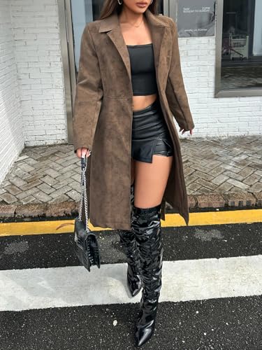 Long Suede Trench Coat Women Faux Leather Jacket Loose Button Lined Jacket Open Front Motorcycle Coat with Belt4
