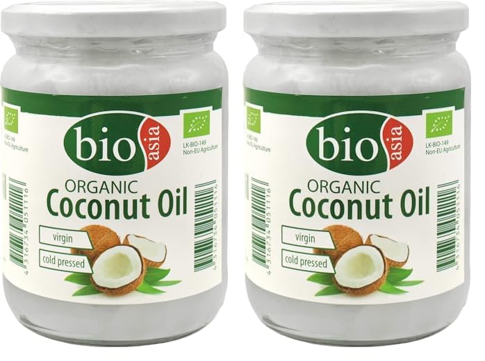 BIOASIA Bio Kokosöl, kaltgepresst, naturbelassen ohne Zusatzstoffe, veganes Fett zum Kochen, Braten & Backen, auch als Naturkosmetik verwendbar, 100% Bio, 500 ml (Packung mit 2)