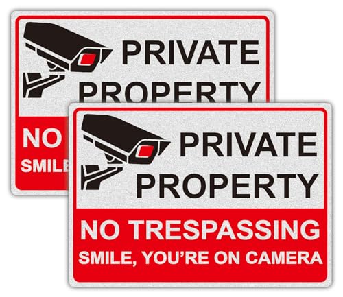 Smile Youre on Camera Signs Private Property No Trespassing Sign 2 Pack