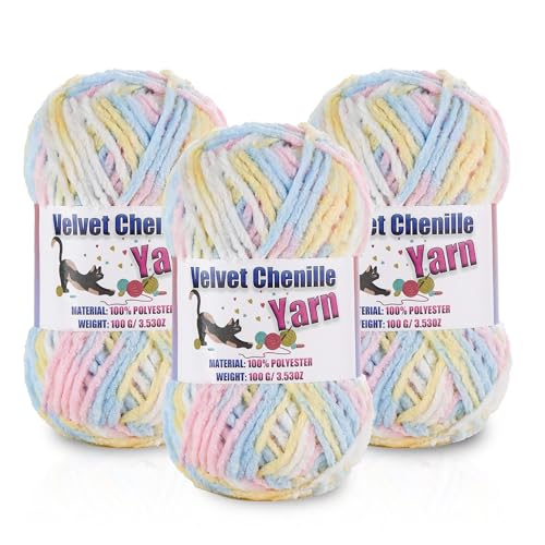 Image of 3 * 100g /3.5oz Fluffy Chenille Yarn for Crocheting, Chunky Velvet Yarn for Crochet Amigurumi, Used for Making Baby Yarns Blanket, Clothes, Pattern Knitting Creations (Colorful-C)