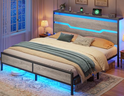 Image of Homkdom King Size Bed Frame with LED Storage Headboard & USB Ports Grey | Underbed Storage for Saving Space, 900 LBS Noise-Free Quiet Sleep Setup for Master Bedroom, Couples & Modern Apartments