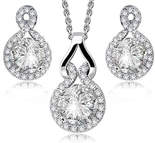 Crystalline Azuria Women Girls 18ct White Gold Plated Round Zirconia Crystals Set Pendant Necklace 17.7 inches Stud Earrings
