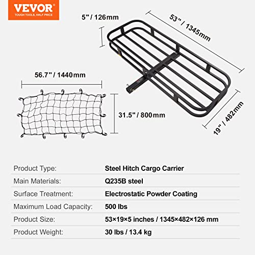 Image of VEVOR 53 x 19 x 5 in Hitch Cargo Carrier, 500lb Capacity Trailer Mount Basket, Steel Luggage Carrier Rack Fits 2'' Receiver for SUV Truck Pickup with Net, Stabilizer, Straps, Black