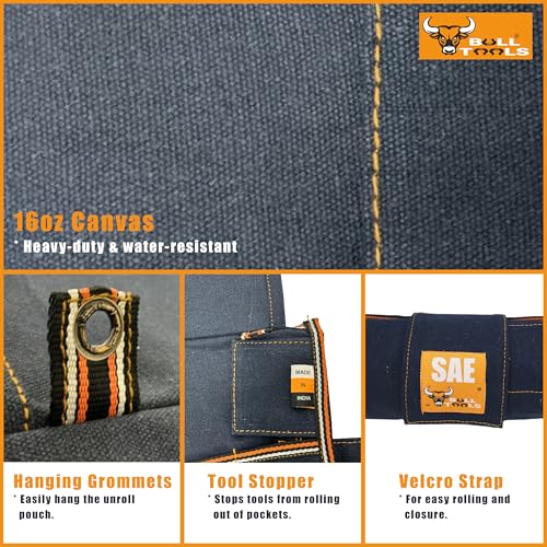 Image of BULL TOOLS Metric Ratcheting Wrench Set SAE, 17-Pocket Roll, with Zip Pouch, Made from Durable Recycled Cotton Canvas for Mechanics, DIYers, and Home Use - Navy Blue