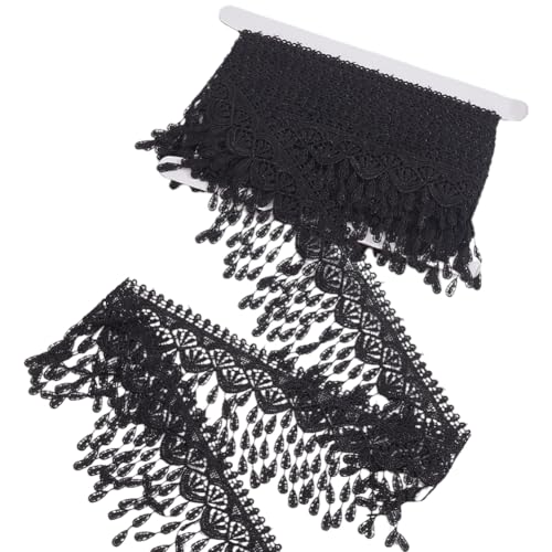 GORGECRAFT 4.5M Borla de Encaje con Flecos de 8.5cm de Ancho Cinta Bordada Negra Tela de Poliéster con Borde Festoneado Encaje de Ganchillo Adorno Veneciano de Guipur para Coser Ropa Vestidos de Boda