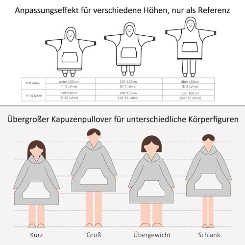 V.&GRIN Übergroße Kapuzen-Decke, Weicher Flauschfleece-Pullover Sweatshirt für Frauen Männer Kinder – Familienlook in Übergröße XXL Grau