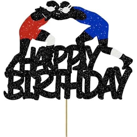 Wrestle Cake Topper Happy Birthday Cake Decorations for Men Boy Blue Red Black Glitter Wrestle Theme Birthday Party Decor Supplies Sport Wrestle Fight Wrestler Warriors Fighting Theme Party Decoration Cover