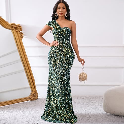 Image of Cololura Women Sexy Sequin One Shoulder Mermaid Formal Party Cocktail Gowns Bodycon Evening Maxi Dress