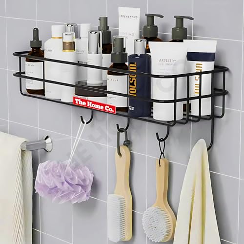 Image of The Home Co. No Drilling Self Adhesive Bathroom Shelf with 4 Hooks /Rack Organizer /Kitchen Shelf with Magic Stickers - Pack of 1 (Black, Powder Coated)