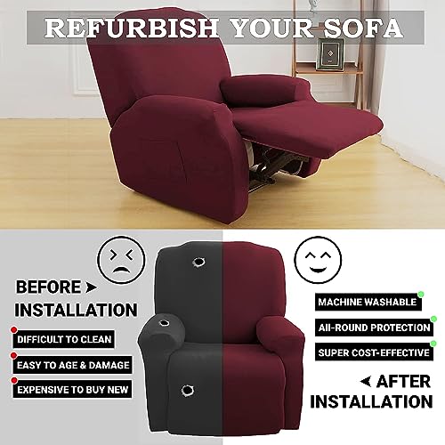 Znsayotx Stretch Velvet Recliner Covers 4-Pieces, Thicker Soft Plush Recliner Chair Slipcover With Side Pockets, Washable Luxury Dog Cat Pets Proof Reclining Protector (Recliner, Wine Red) #TOP5