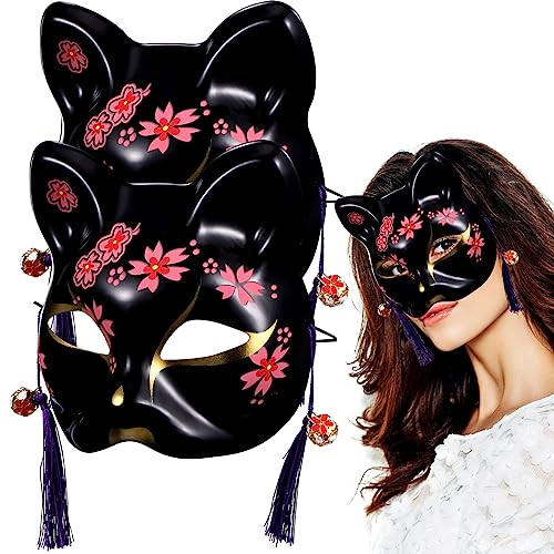 TOYANDONA Lot De 2 Masques Kitsune Chat Japonais Demi-Masques Avec Motif Fleur De Cerisier Élégants Pour Fête Masquée Carnaval Cosplay 7.28X6.89 Pouces