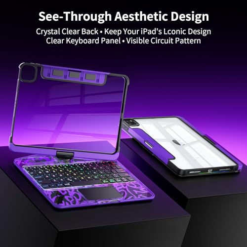 Image of Transparent Keyboard Case for iPad Pro 13 Inch (M5 2025 /M4 2024) with Multi-Touch Trackpad, 360 Rotating Stand, 7-Color 3-Level Backlit, Wireless Bluetooth, Pencil Holder, Purple