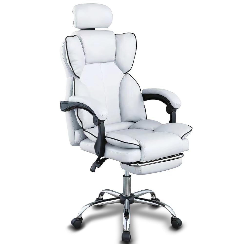 BAKAJI Silla de Oficina ergonómica con Ruedas giratorias de 360°, sillón Gaming de Escritorio con Asiento Acolchado de Alta Densidad, Respaldo reclinable y Elevador Ajustable a Gas (Blanco)