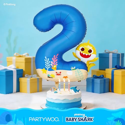 Image of PartyWoo Baby Shark Blue Foil Number 2 Balloon 40 Inch Blue Mylar Helium Birthday Number Balloons for Boys and Girls Baby Shark Under the Sea Ocean Theme Kids Second Birthday Party Decorations