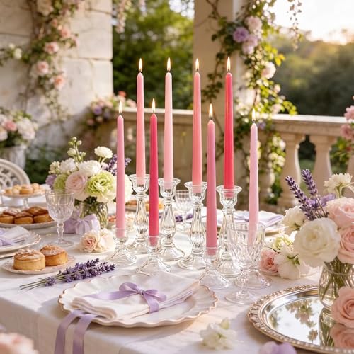 Image of MTLEE 32 Pcs Long Taper Candlestick Bulk 10 Inch Smokeless, Pink | Paraffin Wax Cotton Wick, Colorful Vibrant for Dinner Wedding Party Church, Unscented Table Centerpiece Decor
