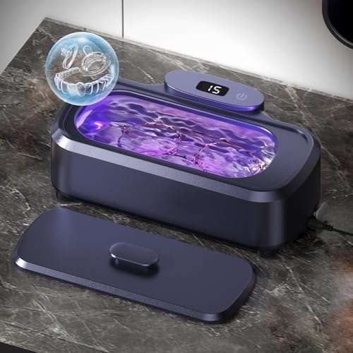 Ultrasonic Retainer Cleaner Machine, 48kHz 420ML Jewelry Cleaner with Purple lamp care &amp; Mirror, 3 Modes for Toothbrush Heads,Dentures, Eyeglasses, Ornament, Efficient 360° Deep Cleaning (Blue)
