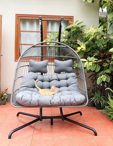 MOJIA Hängesessel mit Gestell für 2 Personen, Twin Hängestuhl Indoor & Outdoor Mit Sitzkissen und Schutzhülle Rattan-Schaukel für Garten, Hinterhof und Pool-Seite Belastbar bis 250kg
