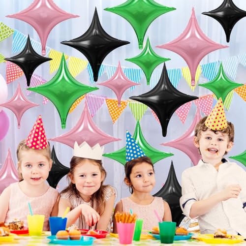 Image of Pink Green Black Star Balloons,12Pcs Four Angle Star Foil Balloons