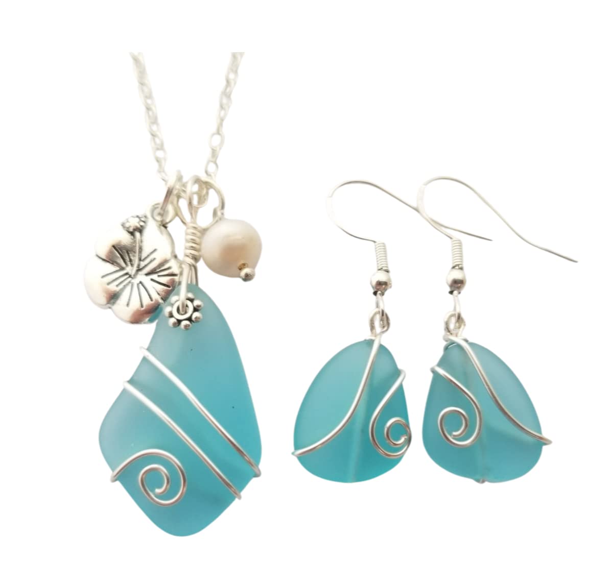 Wire wrapped Turquoise Bay blue sea glass set