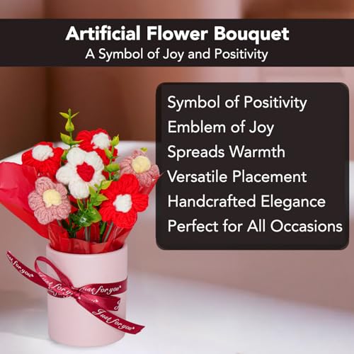 Image of Nostrae by Ekhasa Red Cherry Blossom Crochet Flowers Bouquet (Small Size) | Knitted Flowers For Gifting | Woolen Bouquet Perfect For Crochet Gifts | Handmade Bouquets Gift