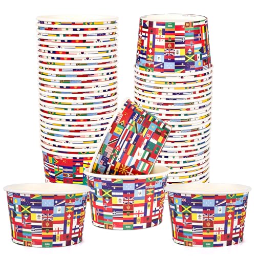 EYNDYN 50 Pcs International World Flags Paper Cups Bulk 9 oz Treat Snack Bowls Disposable Ice Cream Cups for Around the World Globe Travel Trip Party Supplies Decorations