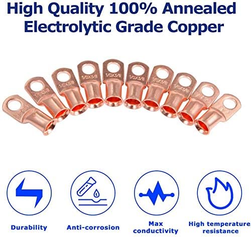 0 Guage Terminals 1/0 AWG-3/8'' 10Pcs Battery Cable Lugs Wire Lugs,0 Guage Ring lugs UL Listed Heavy Duty Copper Tubular Lugs Battery Cable Ends Battery Terminal Connectors with 3:1 Heat Shrink Tube