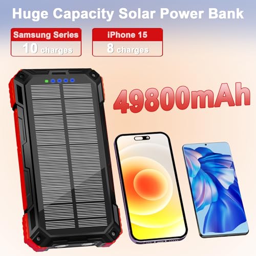 Image of Solar Charger Power Bank - 49800mAh Solar Phone Charger with USB-C in /Output, QC 3.0 Fast Charging with LED Flashlight, Built-in 4 Cables, IP65 Waterproof Fits for Outdoor (Brilliant Red)