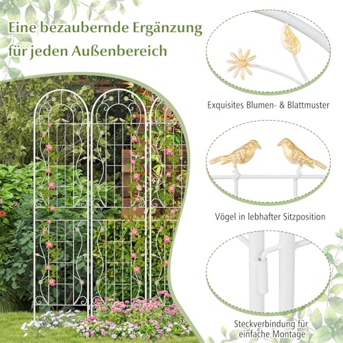 COSTWAY Rankgitter Metall, 2er Set, dekorativer Gartenzaun, freistehende Rankhilfe, Spalier Garten zum Stecken, Rankspalier für Kletterpflanzen Blume Gurke (220 x 50 cm, Weiß)